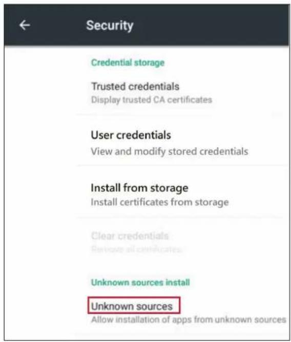 Security Credential storage Trusted credentials Display trusted CA certificates User credentials View and modify stored credentials Install from storage Install certificates from storage Clear credentials Remove all certificates Unknown sources install Unknown sources Allow installation of apps from…