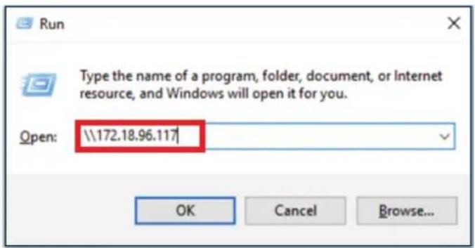 Run Type the name of a program, folder, document, or Internet resource, and Windows will open it for you. Open: \172.18.96.117 OK Cancel Browse...