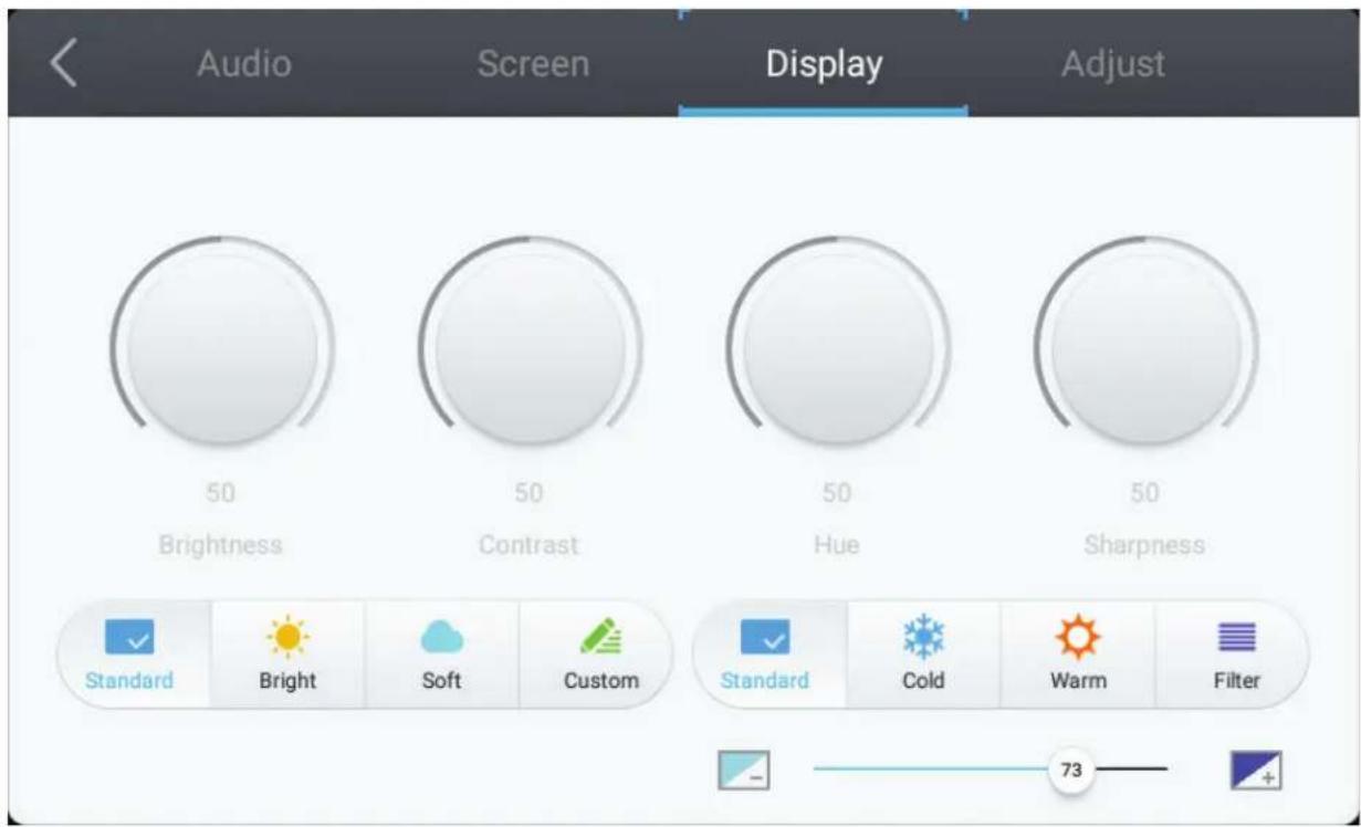 Audio Screen Display Adjust 50 Brightness 50 Contrast 50 Hue 50 Sharpness Standard Bright Soft Custom Standard Cold Warm Filter 73