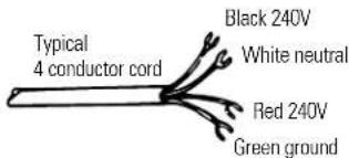 Typical 4 conductor cord Black 240V White neutral Red 240V Green ground