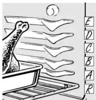 Illustration showing a bird feeding from a tray with wavy lines above, next to a grid of lettered letters (E–R) arranged vertically.