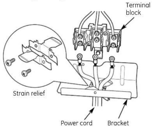Terminal block Strain relief Power cord Bracket