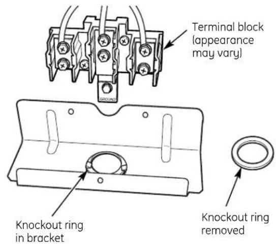 Terminal block (appearance may vary) Knockout ring in bracket Knockout ring removed