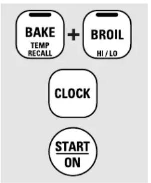BAKE TEMP RECALL + BROIL HI / LO CLOCK START ON