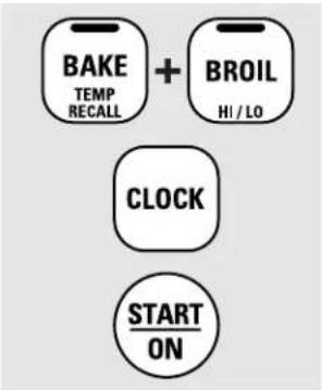 BAKE TEMP RECALL + BROIL HI / LO CLOCK START ON