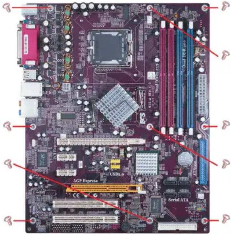 Labeled diagram of a computer motherboard showing CPU socket, RAM slots, and internal components like AGP Express and Serial ATA