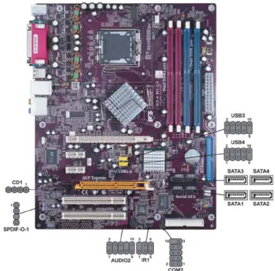 CD1 SPDIF-O-1 AGP Express USB2.0 Serial ATA AUDIO2 IR1 COM2 USB3 USB4 SATA3 SATA4 SATA1 SATA2