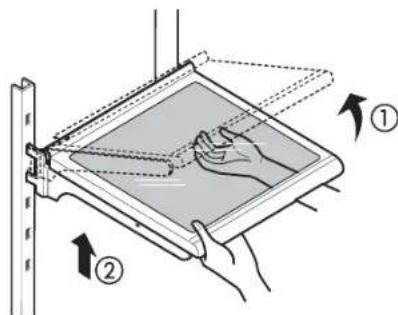 Diagram illustrating hand positioning and movement of a device with labeled parts ① and ②