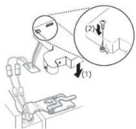 Technical diagram showing mechanical assembly with labeled parts (1) and (2), including a magnified inset of a device.