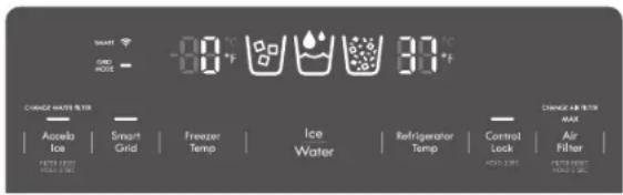 SHORT CARE MOUNT -9.0 °F 3.0 °F CHANGE WATER FILTER Access to Ice Smart Grid Freezer Temp Ice Water Refrigerator Temp Control Lock Air Filter CHANGE AIR FILTER MAX OFFICE CREAM FULL CREAM FULL CREAM
