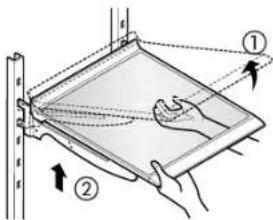 Diagram illustrating a hand holding a tray with labeled parts and directional arrows indicating motion or force.