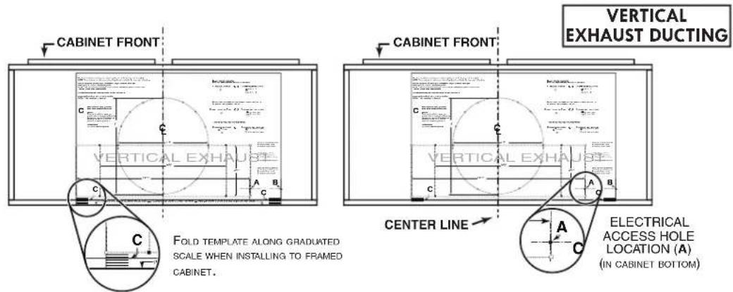 CABINET FRONT VERTICAL EXHAUST DUCTING CABINET FRONT FOLD TEMPLATE ALONG GRADUATED SCALE WHEN INSTALLING TO FRAMED CABINET. CENTER LINE A C ELECTRICAL ACCESS HOLE LOCATION (A) (IN CABINET BOTTOM)