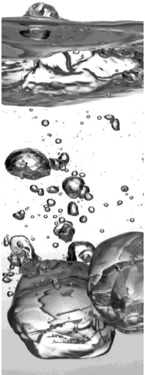 Underwater scene showing bubbles rising from ice rocks, with no visible text or symbols.