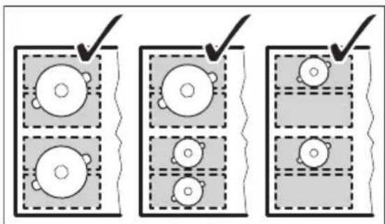 Diagram showing three panels of a grid with circular elements and checkmarks, likely illustrating a selection or status comparison.