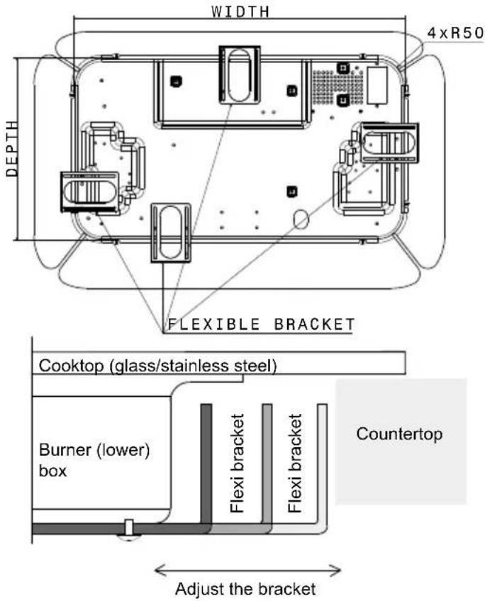 WIDTH 4xR50 DEPTH FLEXIBLE BRACKET Cooktop (glass/stainless steel) Burner (lower) box Flexi bracket Flexi bracket Countertop Adjust the bracket