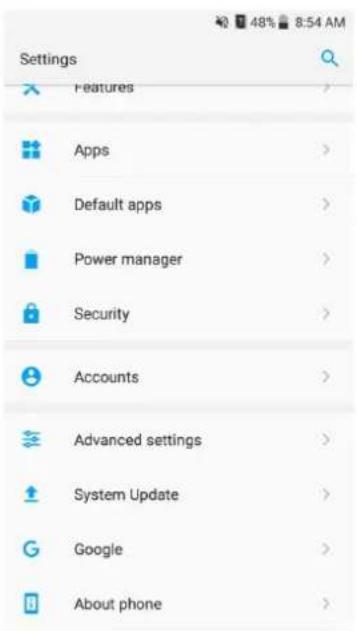 Settings Features Apps Default apps Power manager Security Accounts Advanced settings System Update Google About phone