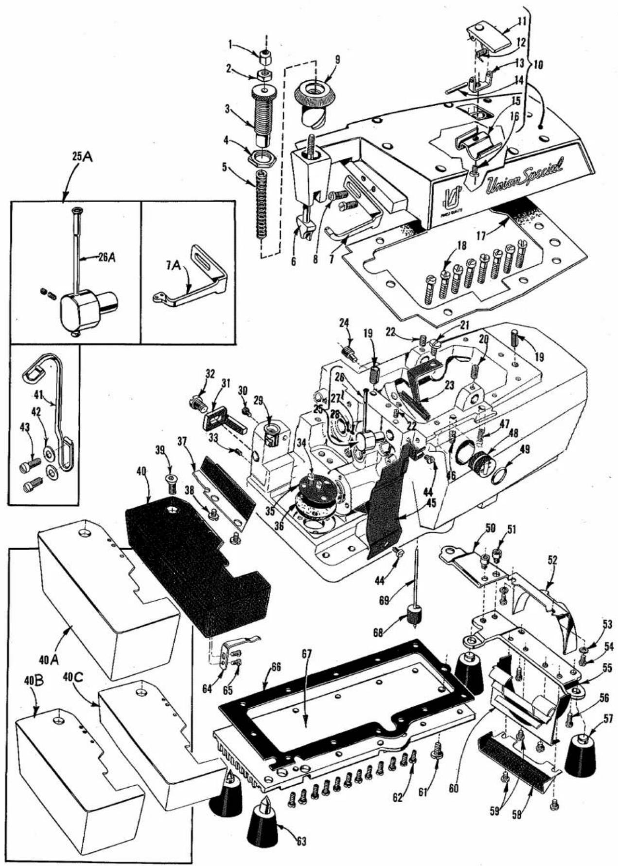 Exploded view diagram of a device with numbered parts and exploded views, including labeled parts like 'Union Special' and assembly instructions.
