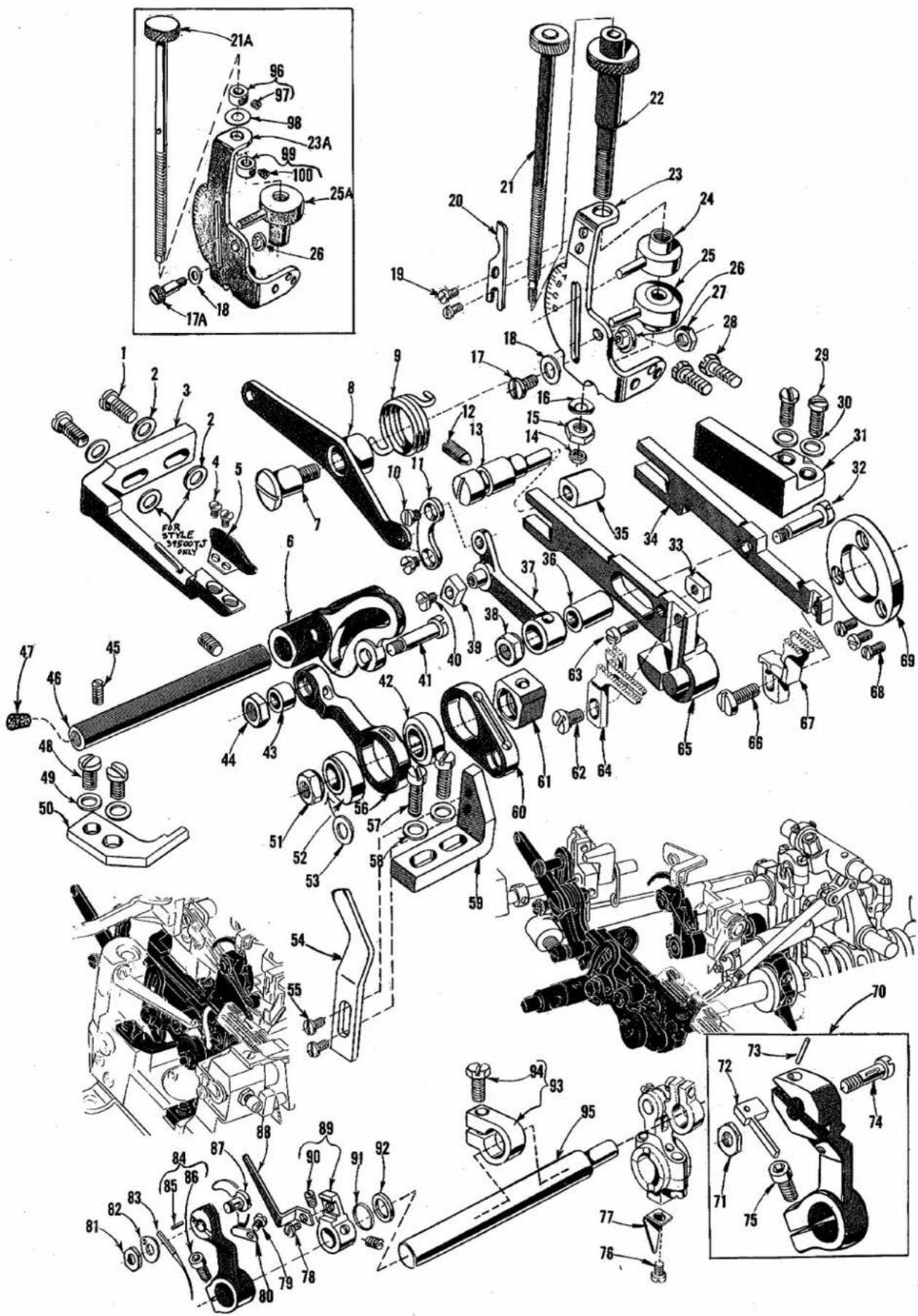 Technical diagram of mechanical assembly with numbered parts and exploded view, including labeled parts like bolts, springs, and shafts.