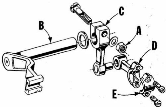 Technical diagram of a mechanical assembly with labeled parts A, B, C, D, and E
