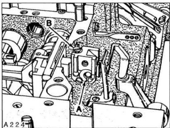 Technical mechanical assembly diagram showing components labeled A and B, with no readable text or symbols beyond labels