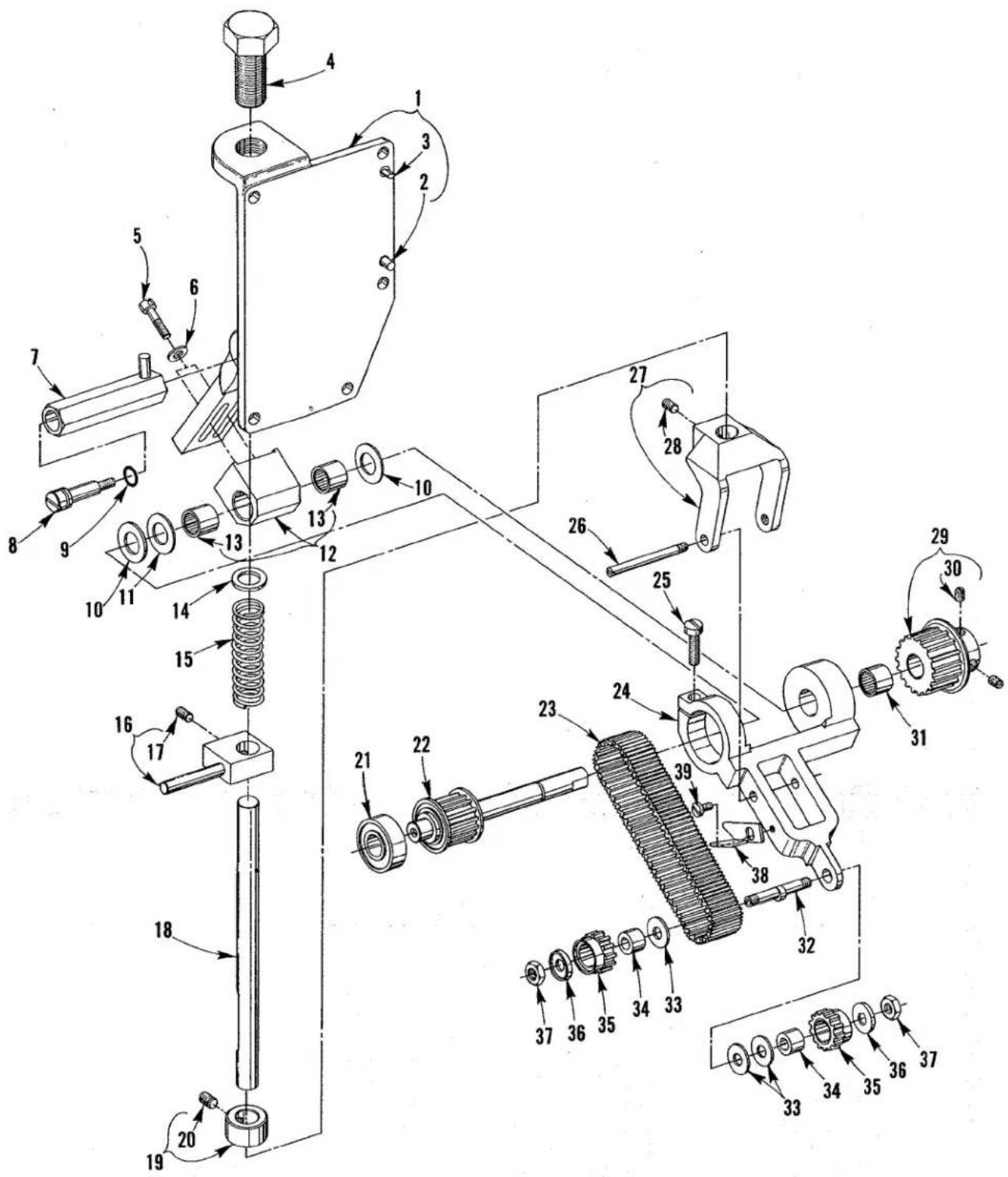 Technical diagram of a mechanical assembly with numbered components and directional arrows indicating assembly steps.