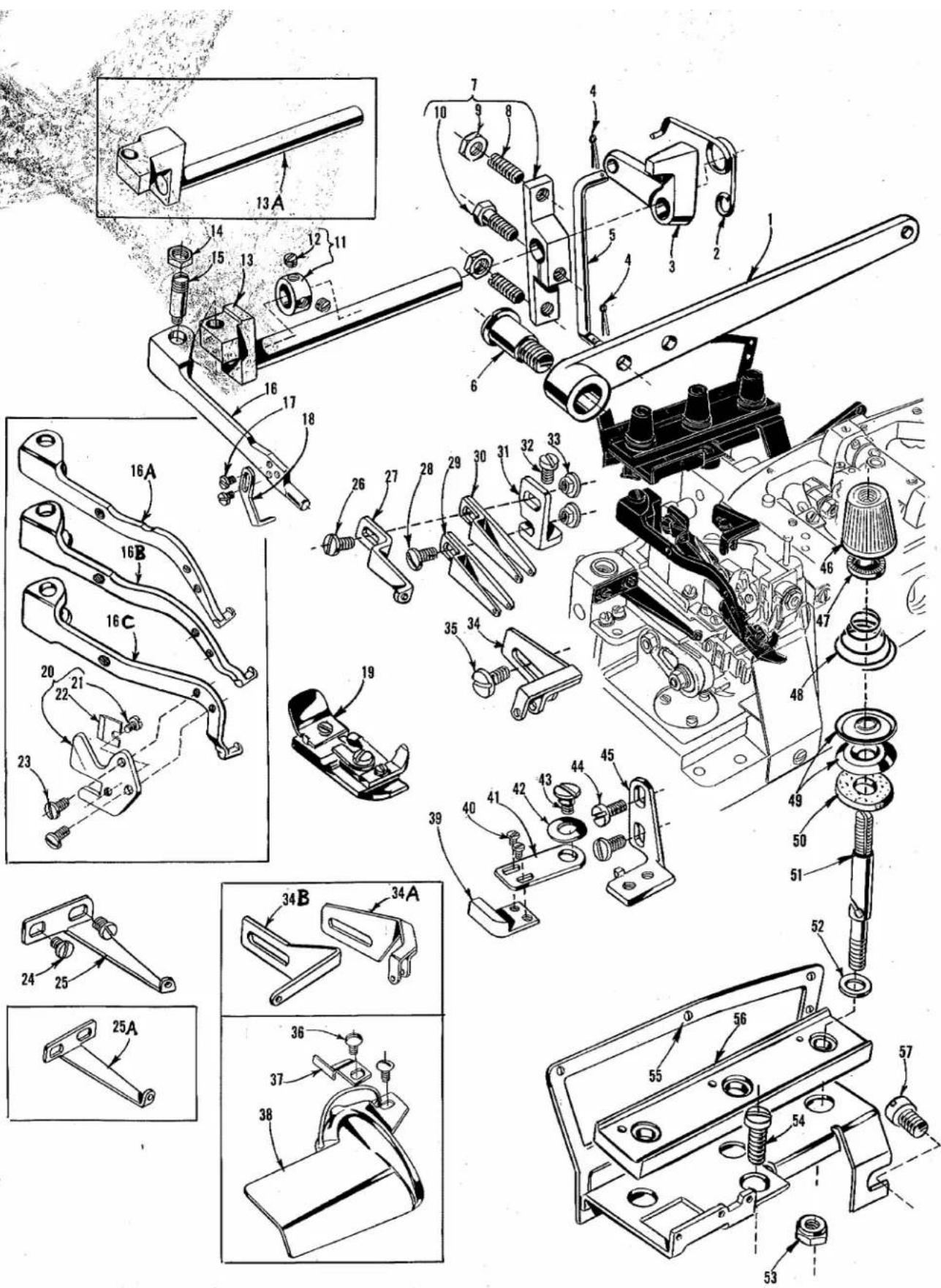 Technical diagram of mechanical assembly with numbered parts and exploded views, including disassembled parts and assembly details.