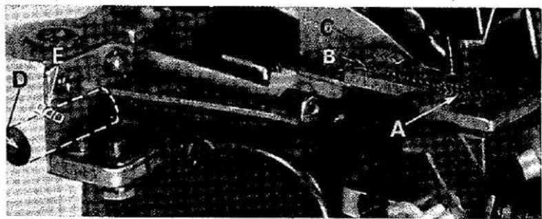 Technical diagram of a mechanical assembly with labeled parts A, B, C, D, E and directional arrows indicating motion or movement.