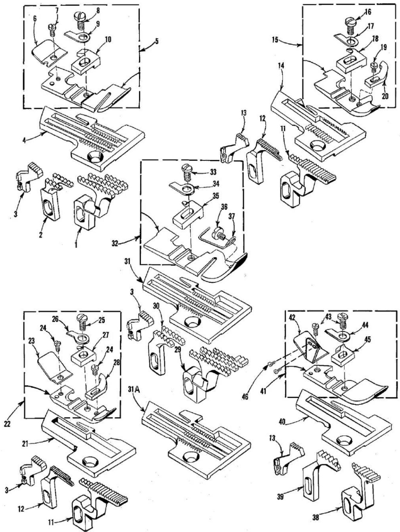 Exploded view diagram of a mechanical assembly with numbered parts and directional arrows indicating assembly steps.
