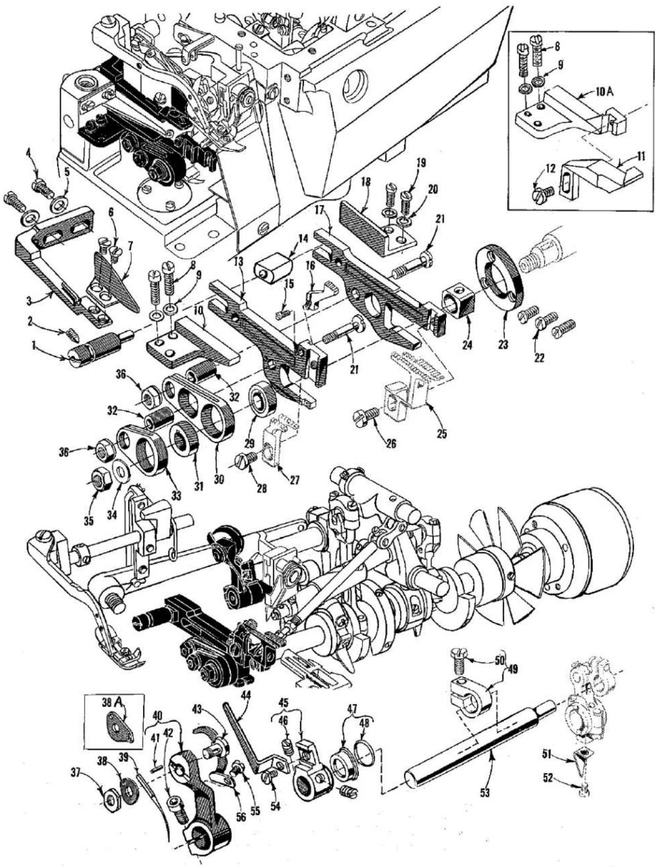 Technical diagram of a mechanical assembly with numbered components and exploded view, including parts like gears, springs, and housing.