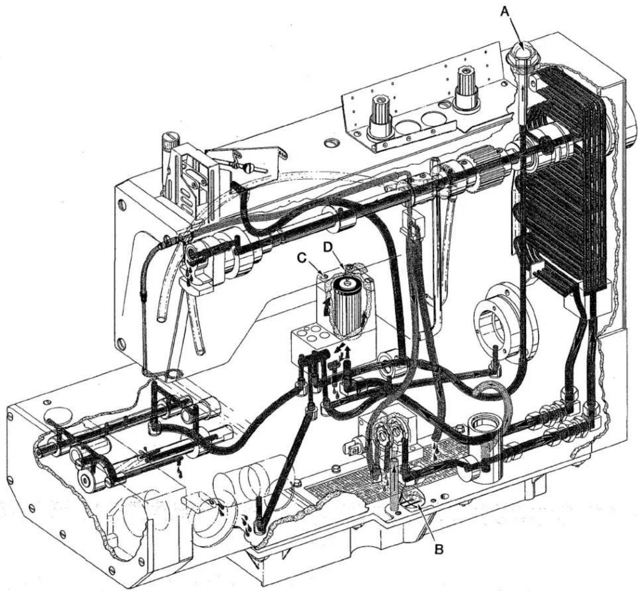 Technical schematic diagram of an electrical or mechanical device with labeled components A, B, C, and D