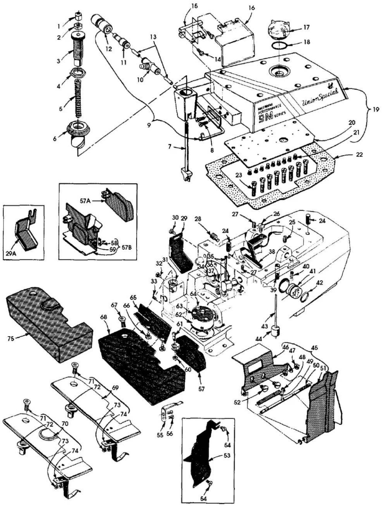 Technical diagram of a sewing machine with numbered parts and exploded views, including assembly lines and component labels.
