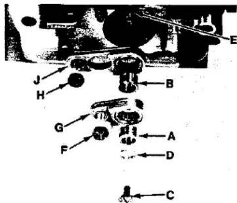 Technical diagram of a mechanical assembly with labeled parts A through J, showing components like gears and shafts.