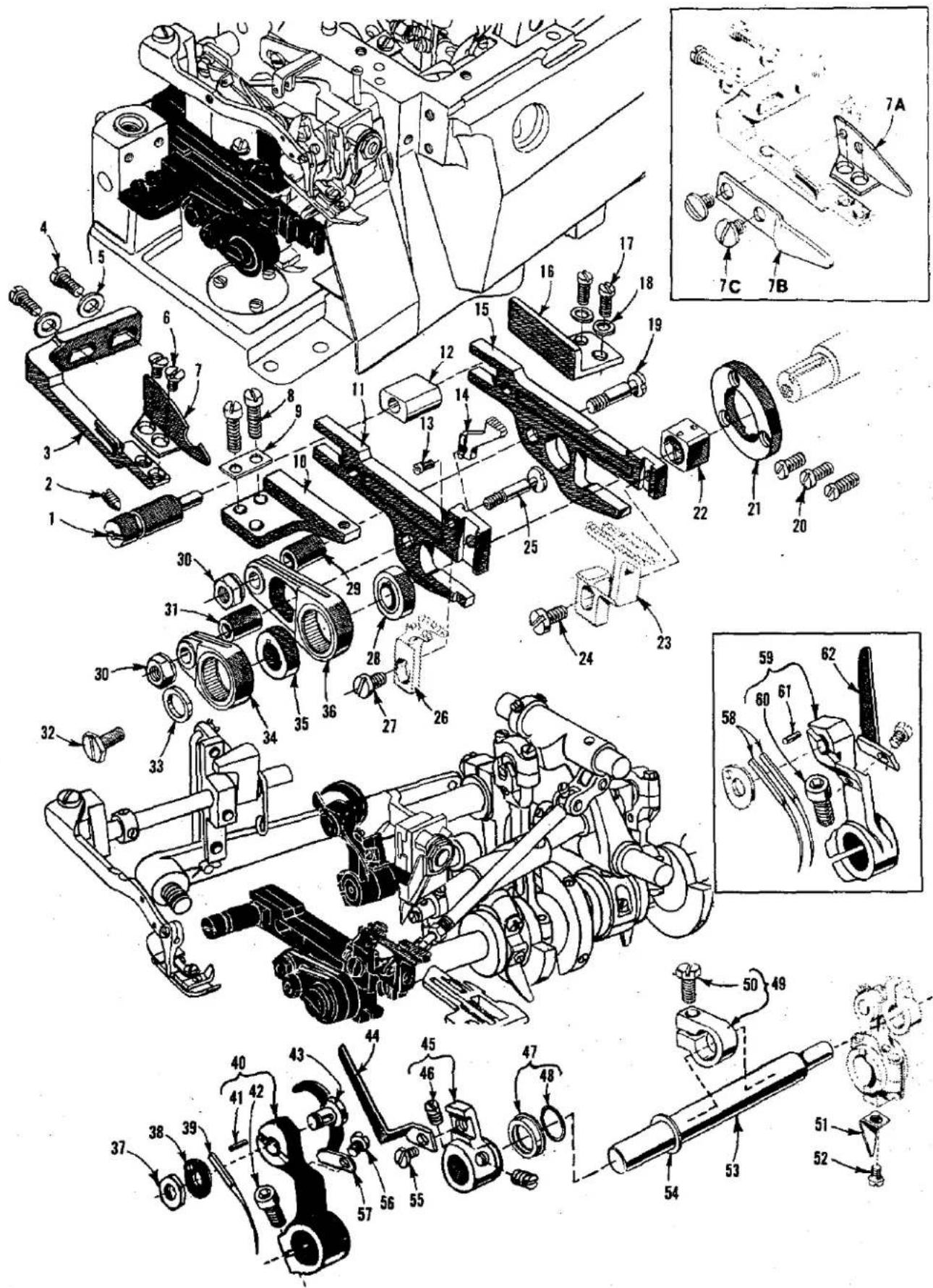Technical diagram of mechanical assembly with numbered parts and exploded view, including labeled parts like 7A, 7B, and 51-59.