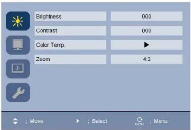 Brightness 000 Contrast 000 Color Temp. Zoom 4:3 ; Move ; Select ; Menu