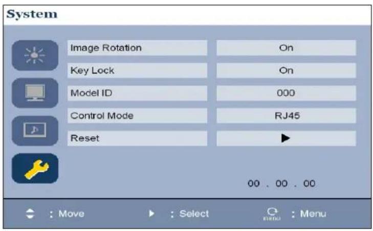 System Image Rotation On Key Lock On Model ID 000 Control Mode RJ45 Reset 00 . 00 . 00 : Move : Select menu : Menu