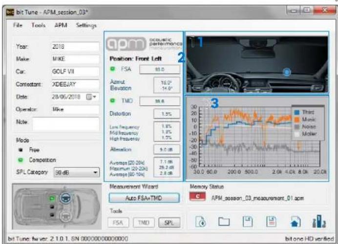 bit Tune - APM_session_03* File Tools APM Settings Year: 2018 Make: MIKE Car: GOLF VII Contestant: XDEEJAY Date: 28/06/2018 Operator: Mike Note: Mode ■ Free ● Competition SPL Category 90 dB apm acoustic performance Position: Front Left FSA 93.0 Azimuth 16.0° Elevation -14.0° TMO 59.6 Distortion 1.5% Low frequency 1.8% Mid frequency 1.3% High frequency 1.5% Alteration 9.0 dB Average (20-20k) Maximum (20-20k) Average (30-10k) 7.1 dB 29.2 dB 2.8 dB Measurement Wizard Auto FSA-TMD Tools FSA TMO SPL Bit Tune: fw:ver: 2.1.0.1, SN 000000000000000 bit one HD verified 1 2 3 30 20 10 5 -5 -10 -15 -20 -25 -30 30.0 60.0 200.0 500.0 2.0k 4.0k 8.0k 20.0k Third Music Noise Molar APM_session_03 measurement_01.apm
