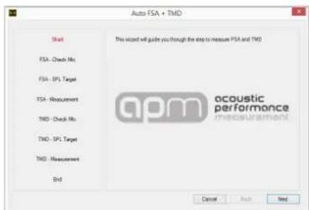 Auto FSA + TMD Start FSA - Check No FSA - SPL Target FSA - Measurement TMD - Check No TMD - SPL Target TMD - Measurement End This wizard will guide you through the step to measure FSA and TMD acoustic performance TMD MANAGEMENT Cancel Apply Next