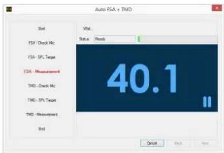 Auto FSA + TMD Stat FSA - Check No FSA - SPL Target FSA - Measurement TMD - Check No TMD - SPL Target TMD - Measurement Std Wait. Status: Ready 40.1 Cancel Back Next