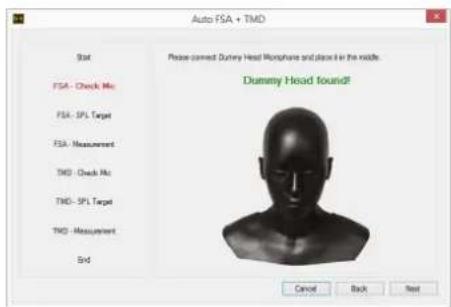 Auto FSA + TMD Stat Please correct Dummy Head Morphare and place it in the middle. Dummy Head found? FSA - Check Me FSA - SPL Target FSA - Measurement TMO - Check Me TMO - SPL Target TMO - Measurement End Cancel Back Next