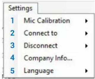 Settings 1 Mic Calibration ▶ 2 Connect to ▶ 3 Disconnect ▶ 4 Company Info... 5 Language ▶