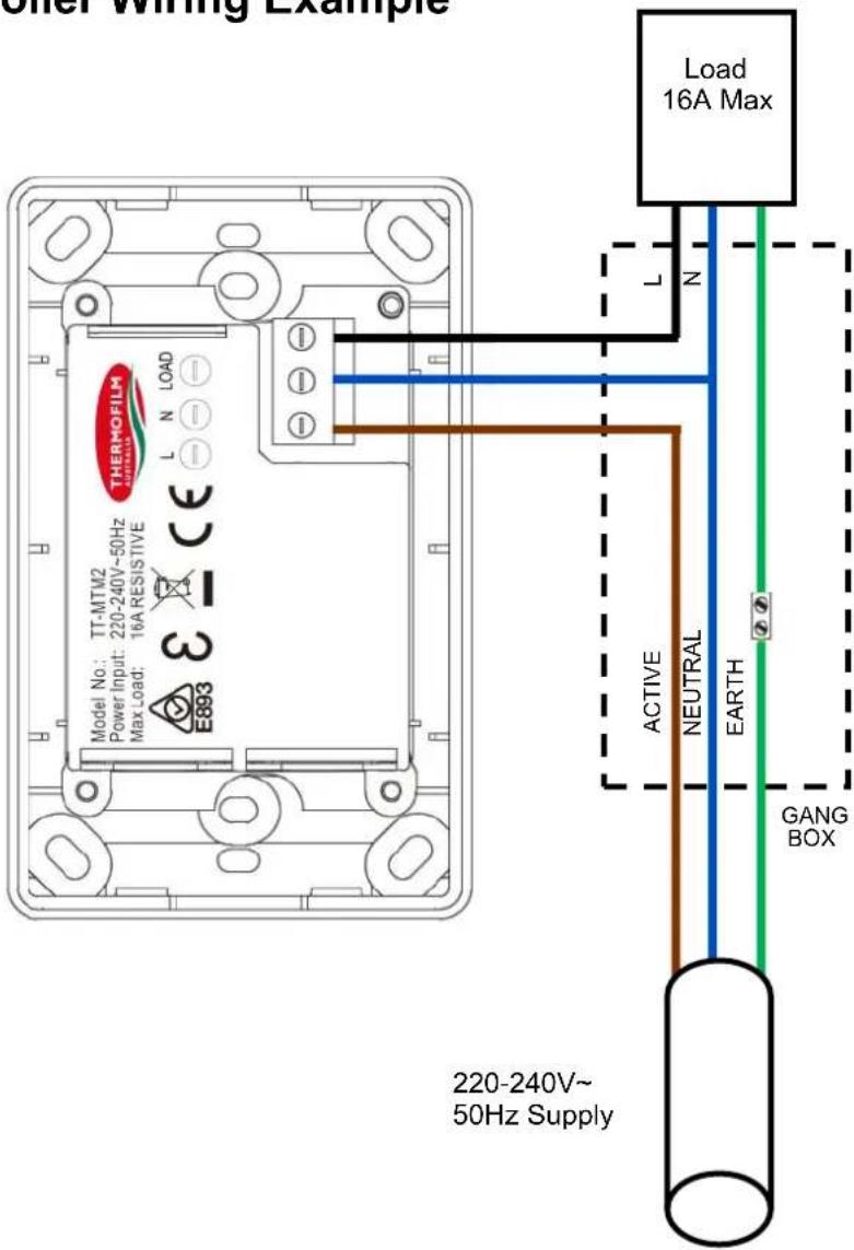 Other Wiring Example Load 16A Max L N N 3 Model No: TT-MTM2 Power Input: 220-240V~50Hz Max Load: 16A RESISTIVE E893 ACTIVE NEUTRAL EARTH GANG BOX 220-240V~ 50Hz Supply