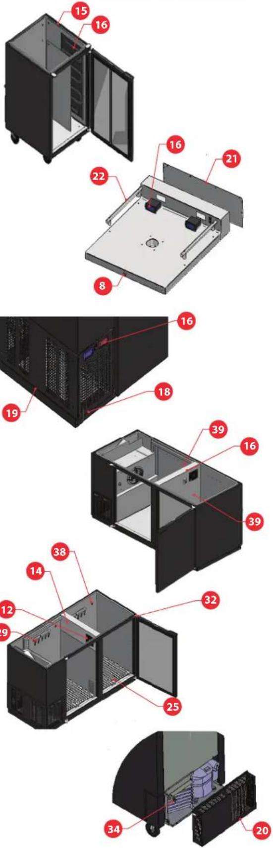 Exploded view diagram of a server rack with numbered components for identification
