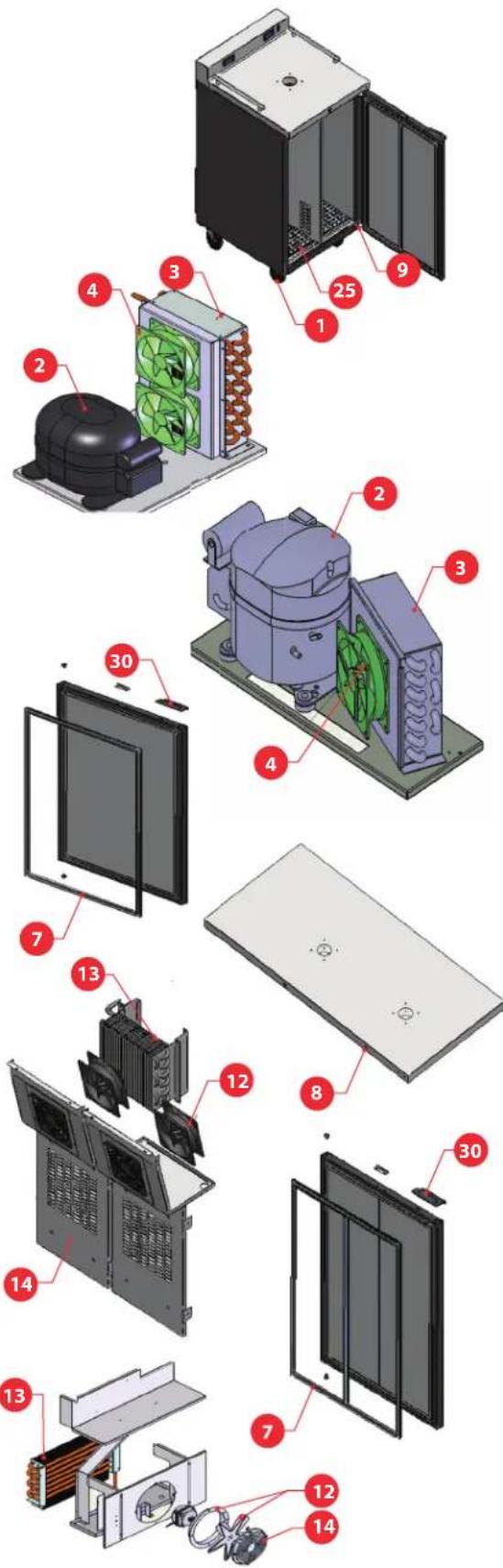 Exploded view diagram of a refrigerator with numbered parts for identification