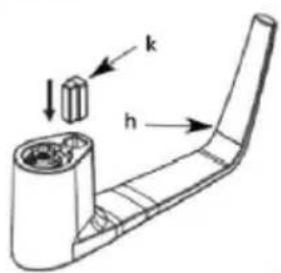 Technical diagram of a mechanical component with labeled parts k and h, showing internal structure and directional arrows.