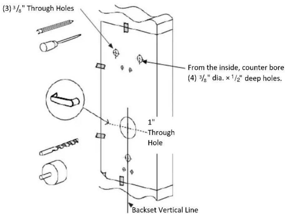 (3) 3/8" Through Holes From the inside, counter bore (4) 3/8" dia. ×1/2" deep holes. 1" Through Hole Backset Vertical Line