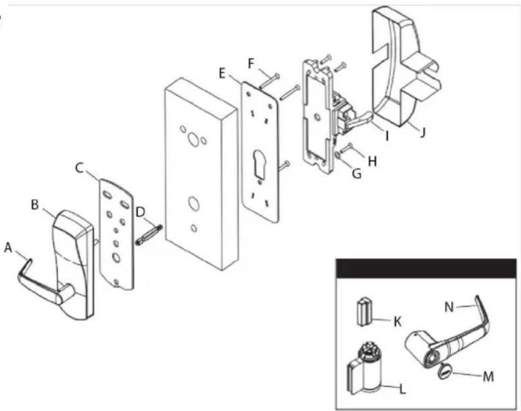 Exploded view diagram of a device with labeled parts from A to J, including internal components and exploded views.