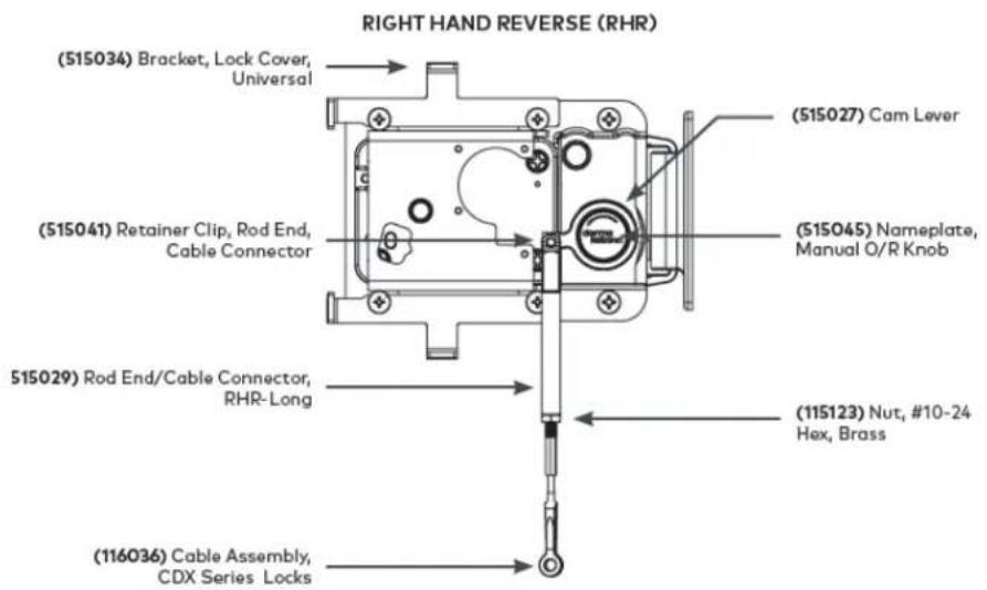 RIGHT HAND REVERSE (RHR) (515034) Bracket, Lock Cover, Universal (515027) Cam Lever (515041) Retainer Clip, Rod End, Cable Connector (515045) Nameplate, Manual O/R Knob 515029) Rod End/Cable Connector, RHR-Long (115123) Nut, #10-24 Hex, Brass (116036) Cable Assembly, CDX Series Locks