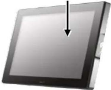 Computer monitor with a black square frame and an arrow pointing downward (no text or symbols visible)