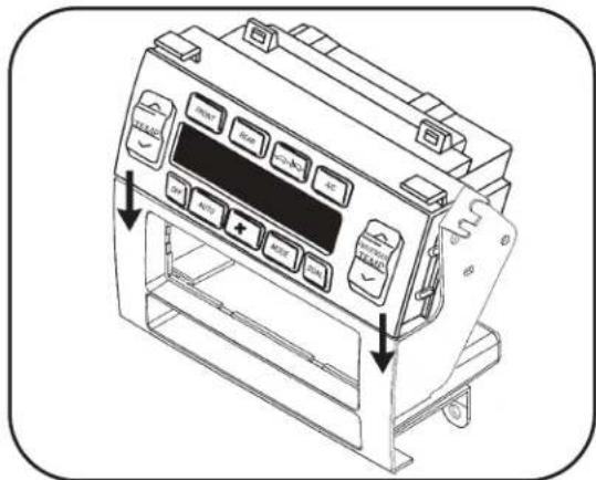 Technical diagram of an automotive air conditioner unit with labeled buttons and control panel