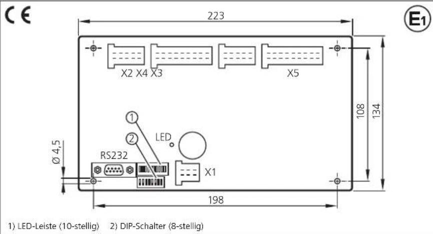 CE 223 X2 X4 X3 X5 108 134 Ø 4,5 RS232 LED X1 198 1) LED-Leiste (10-stellig) 2) DIP-Schalter (8-stellig) E1